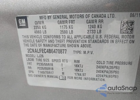 2011 Chevrolet Equinox Ltz z USA, uszkodzony, nr VIN 2CNALFEC4B6470877